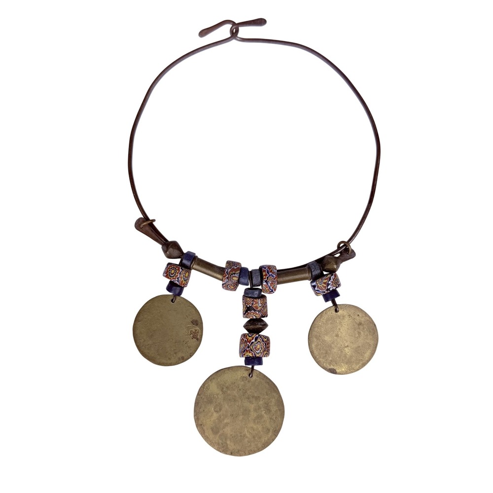 Vintage Artisan Brass Disc Necklace Polymer Clay Beads Boho Statement Indie Gift